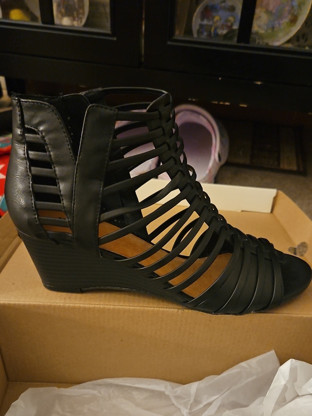 Women’s Black Strappy Wedge Sandals